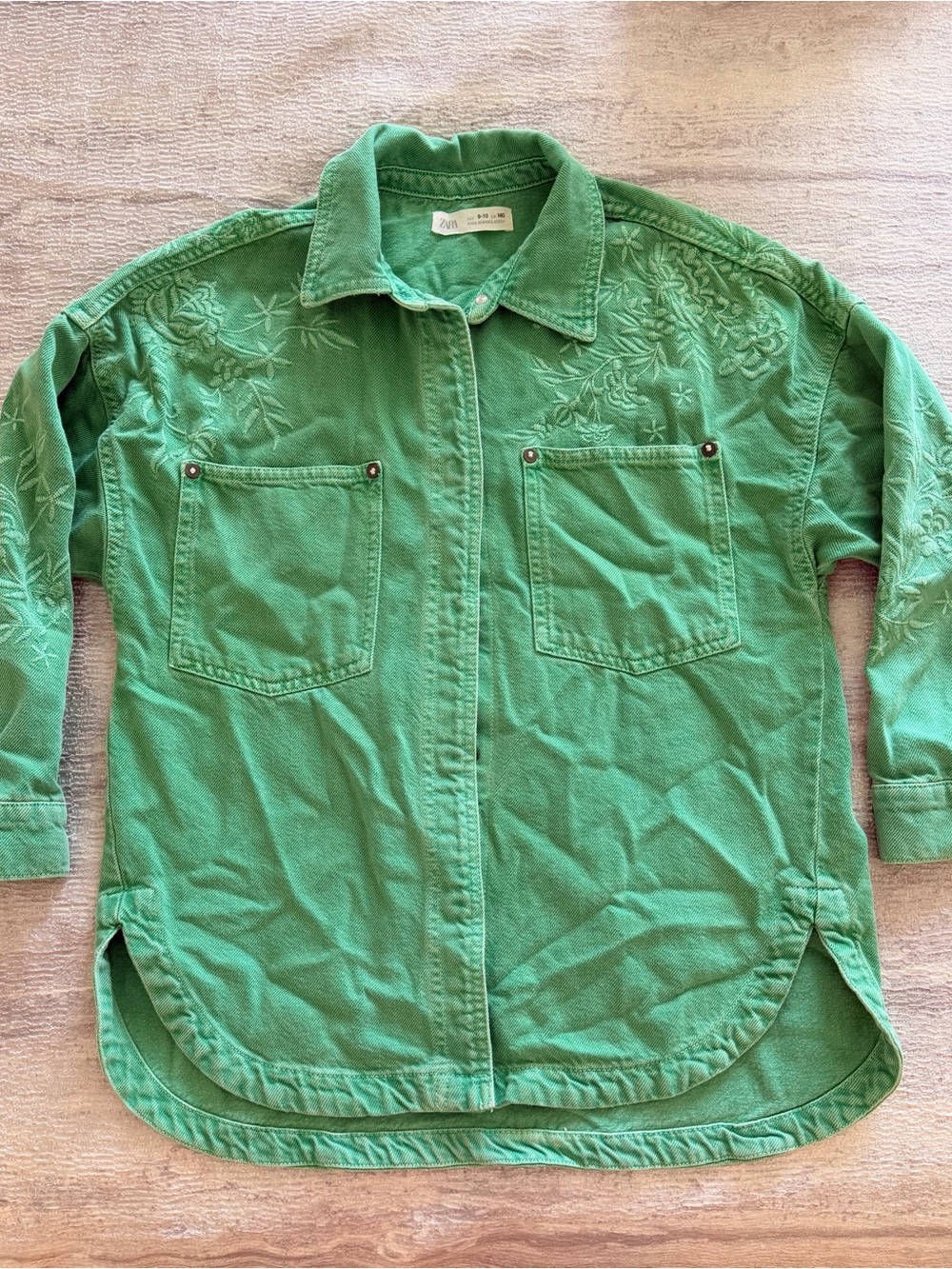 Zara Green Embroidered Snap-Front Denim Shirt Jacket Size 9-10 - Picture 2 of 12